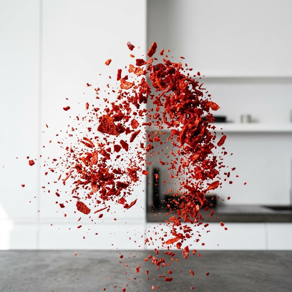 Gochugaru chili flakes mid-splash